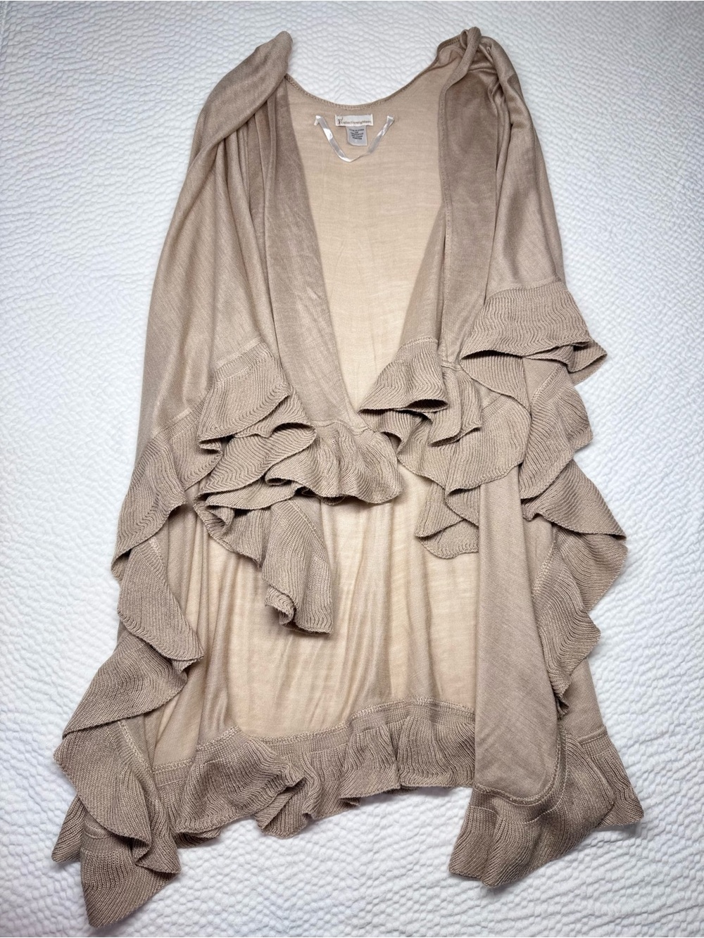 Collection Eighteen Beige Ruffle Trim Open Front Cardigan Shawl Wrap OS